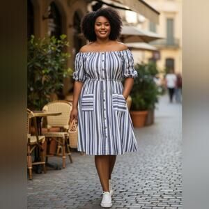 Off-Shoulder Dress with Pockets | Blue & White Stripes | Size 2X